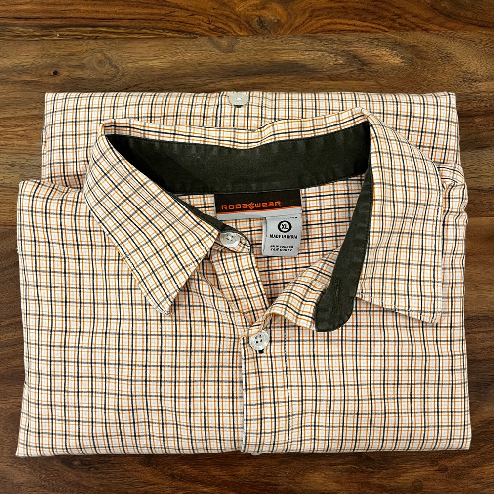 VINTAGE Rocawear Plaid Long Sleeve Button Up Shirt Mens XL Orange Green Stripes